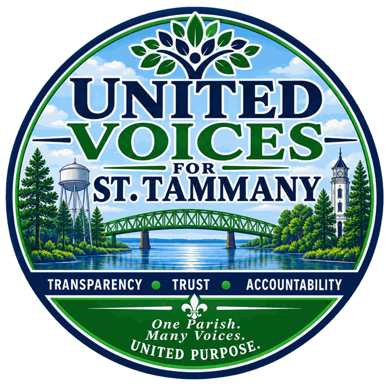 United Voices for St. Tammany seal: One Parish. Many Voices. United Purpose.